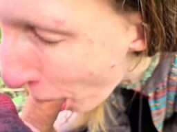 Slut Sucks Cock in Public Park and Gets a Face Full of Cum (